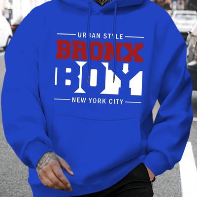 TEMU Men's Urban Style Brooklyn New Graphic Hoodie - Geometric Letter Pullover, Regular Fit Drawstring Hooded Sweatshirt For Autumn Winter , Winter Pullover, Relaxed Fit Pullover, Comfortable Wear Image
