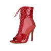 Sommer-Mesh-Stiefel, sexy Ultra-High-Heel-Peep-Toe-Spitzenschuhe für Mädchen, Reißverschluss hinten, elegante Schuhe, atmungsaktive rote Sandalen, Größe 45