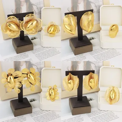 2025 New Trend Gold Color Ring and Earrings For Women Europe and America Exaggerated Hollow Out Jewelry Set For Party Wedding