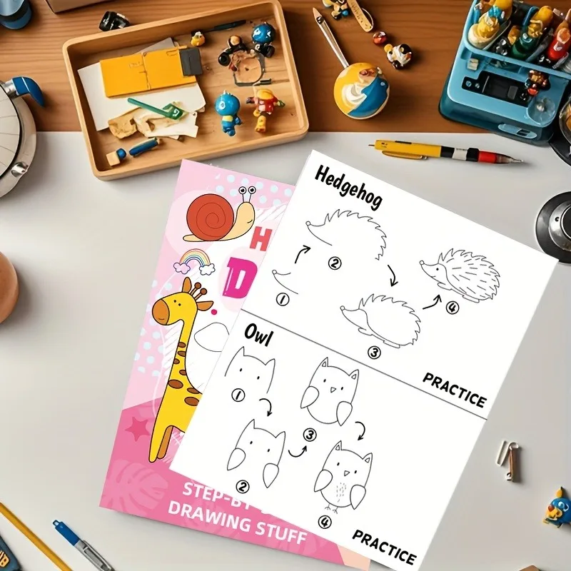 Lustiges Zeichenbuch, Zeichenbuch, Schritt-für-Schritt-Anleitung mit Tierillustrationen, niedlichen Cartoon-Figuren, Buch mit bunten Mustern Image