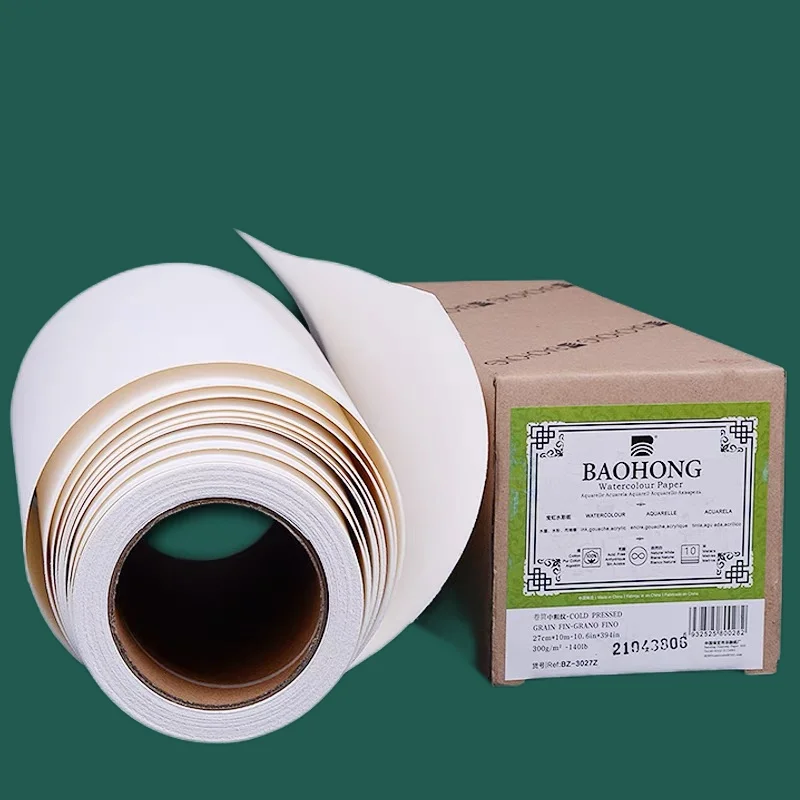 Natürliche weiße Aquarellpapierrolle, professionelles Papier, Kaltpressung, rau, 100 % Baumwolle, 27 cm, 37 cm x 10 m, 300 g ﻿