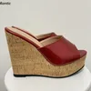 Rontic Neue Mode Frauen Pantoletten Sandalen Outdoor Hausschuhe Unisex Keile Heels Offene spitze Wunderschöne Rote Party Kleid Schuhe UNS Größe 5-20