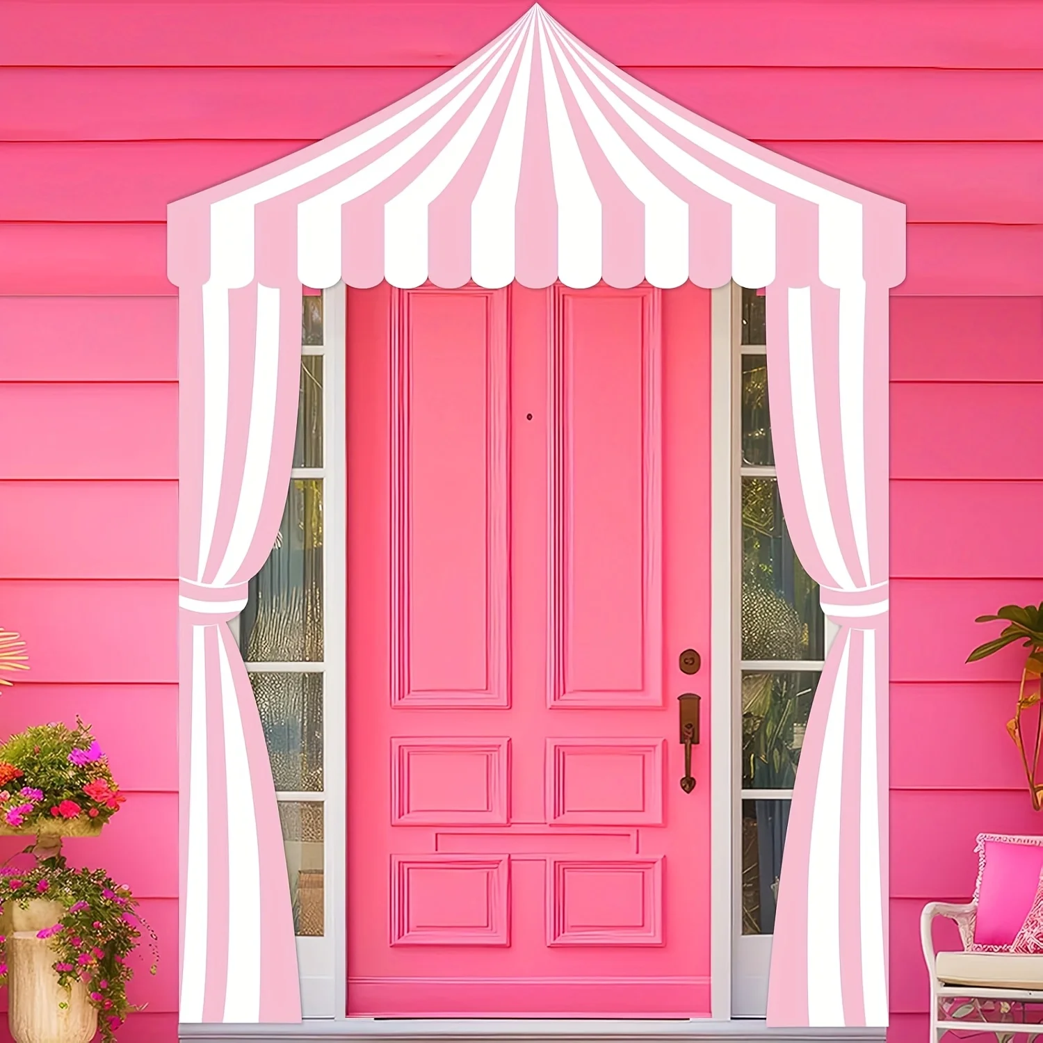 3 Stück rosa Zirkus-Party-Markise, Karnevalsthema-Dekorationen, weiß und rosa gestreift, Veranda-Banner, Karnevalszelt für Zirkus-Thema Image