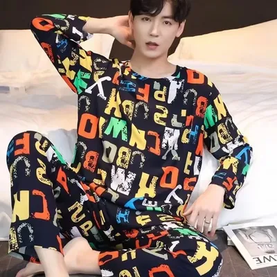 Herren-Pyjama, langärmelig, lange Hose, Herbst und Winter, große Homewear, zweiteiliges Set, Nachtwäsche, Loungewear, Jugend-Nachtwäsche Image