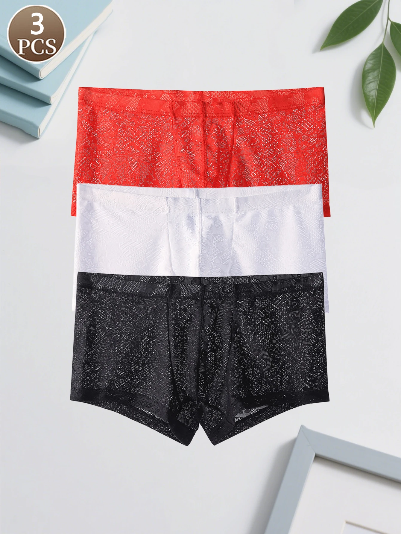 3PCS Sexy Jacquard Casual Sport Basic Herren niedrige Taille atmungsaktive nahtlose Spitzenunterwäsche Image