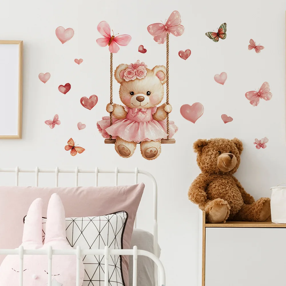 Cartoon Bear Altalena Farfalla Adesivi murali Camera dei bambini Sfondo Decorazione Murale Camera da letto per bambini Decorazioni per la casa Decalcomanie autoadesive