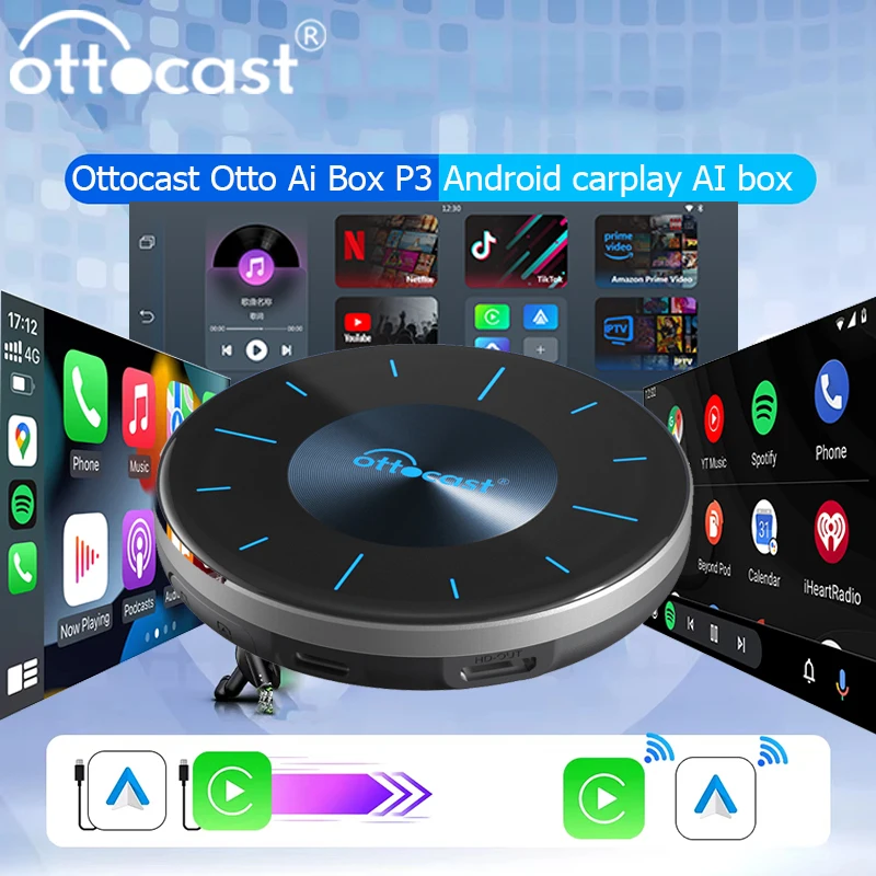 OTTOCAST P3 Otto Ai Box CarPlay AI Box Wireless Android Auto Smart TV Box Autozubehör für Benz Audi Kia Hyundai VW Toyota Image