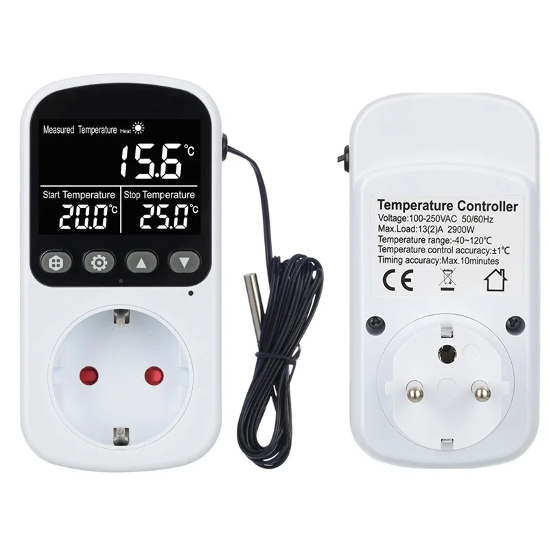 Digital EU Stecker Temperatur Controller Steckdose Thermostat Mit Timer Sensor Sonde Heizung Kühlung Schalter 16A Hintergrundbeleuchtung Image