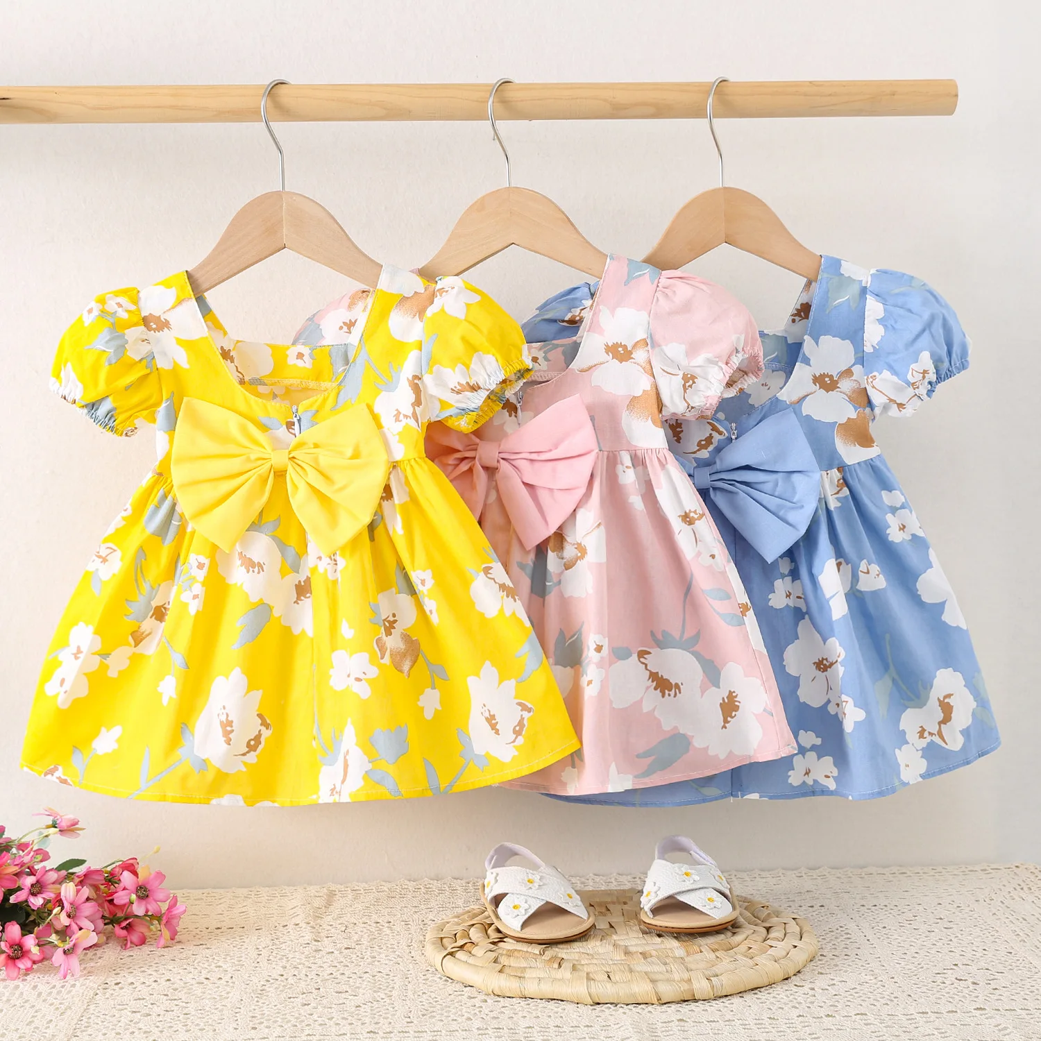 Baby Mädchen Kleider Sommer Voll Gedruckt Blume Kurzarm Mädchen Kleider Nette Baumwolle Schleife Mädchen Prinzessin Kleider Baby Mädchen Kleidung Image