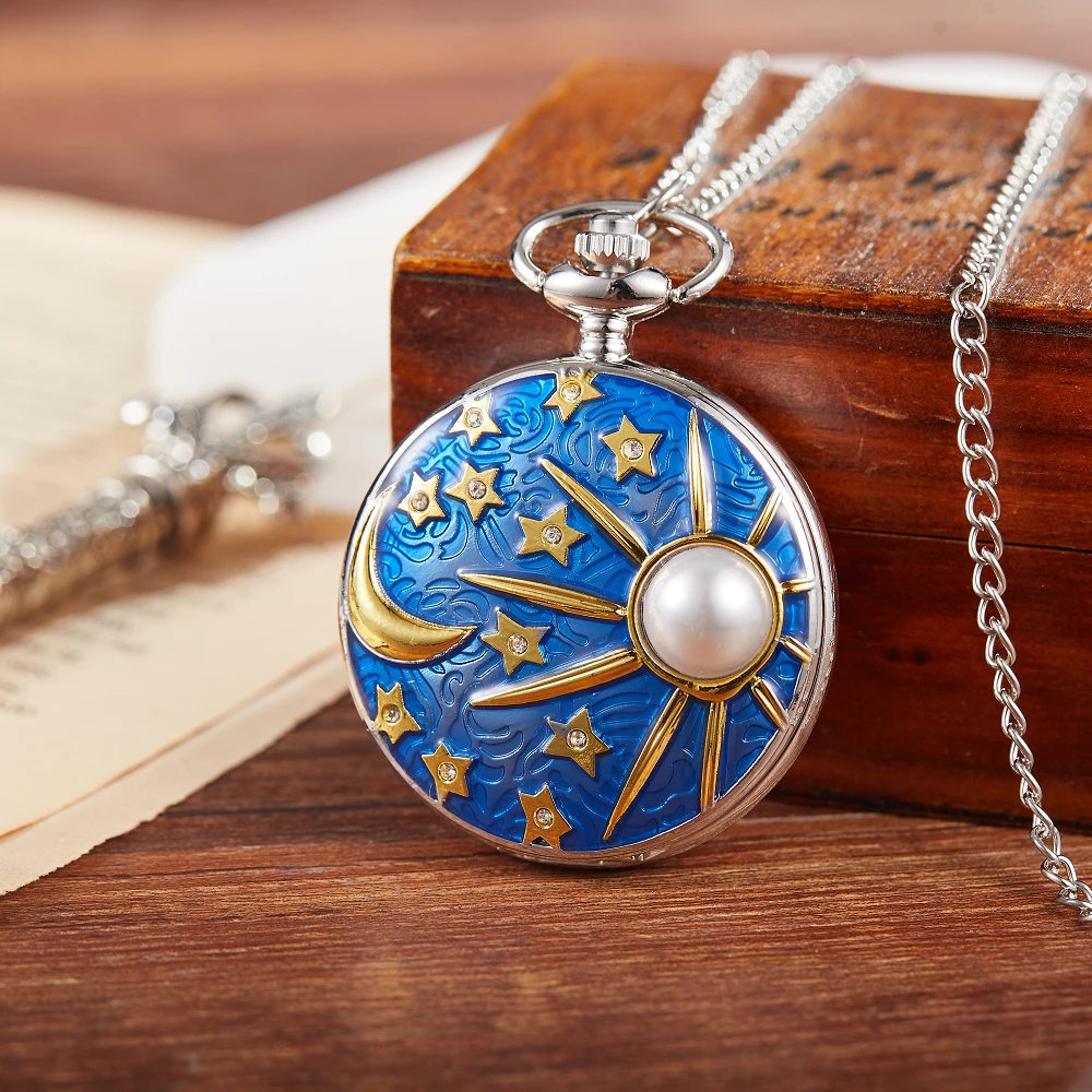 Retro Herren Taschenuhr College Windy Day Mond Sterne Persönlichkeit Aussehen Damen Taschenuhr Kinder Quarz Taschenuhr Image