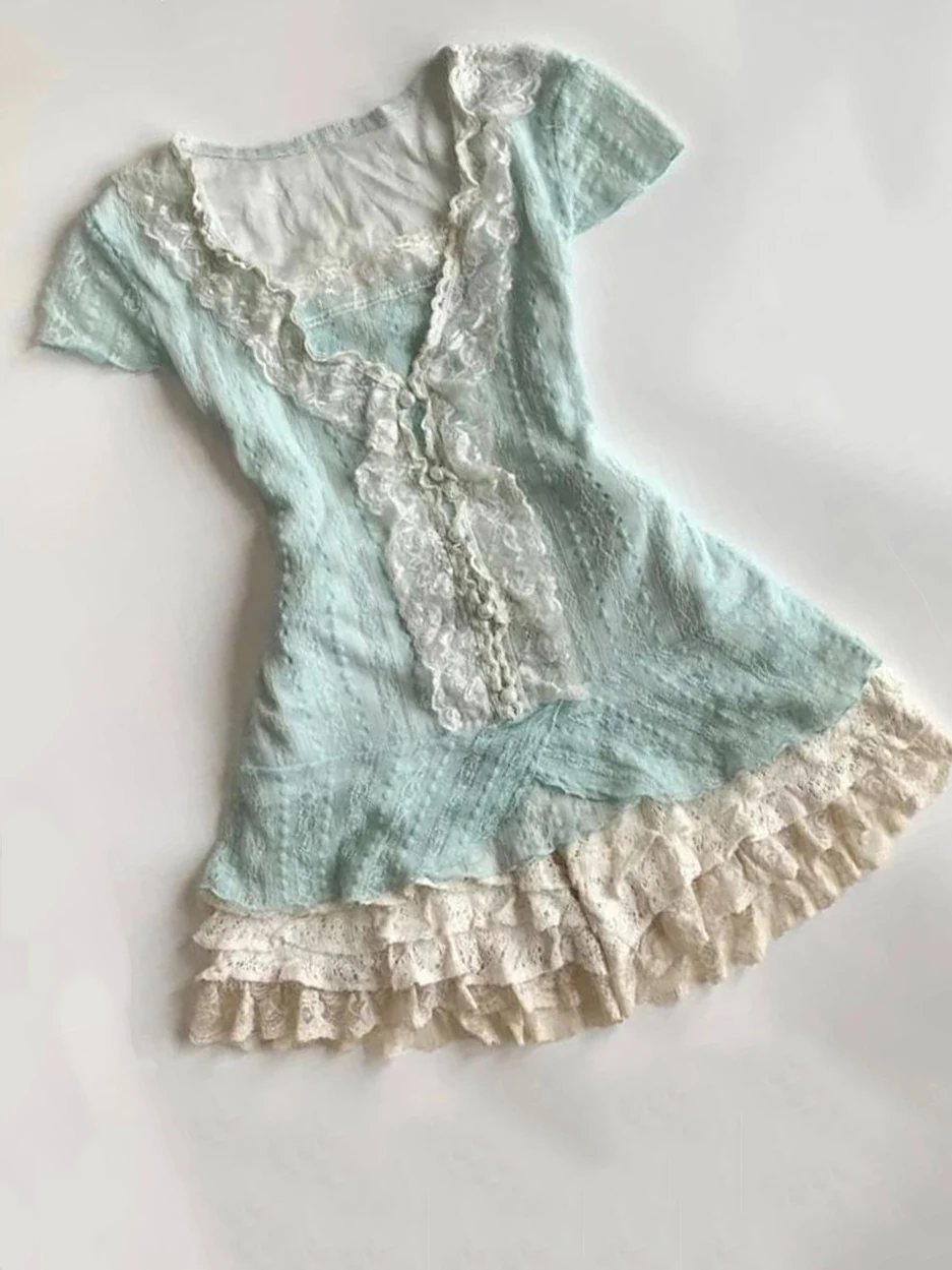 Abiti da festa Lolita Goth Lace Sweet Slim Punk Set da 2 pezzi Harajuku Hot Girl Corea Moda manica corta Y2k 2000s Abito da ballo sexy