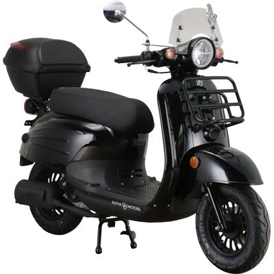 Motorroller ALPHA MOTORS "Adria", schwarz (schwarz, schwarz), Motorroller & Mofas, mit Topcase, 45 km/h, mit Lenkerschloss und Windschild, B:67,5cm H:108,5cm L:175cm
