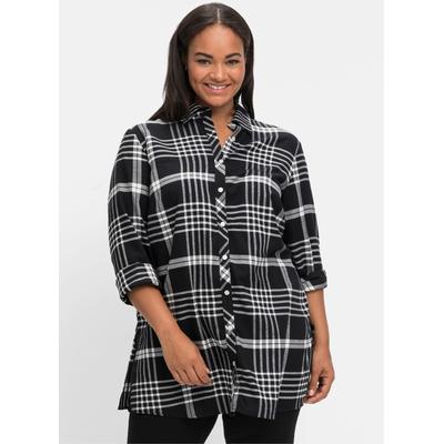 Karobluse SHEEGO, Damen, Gr. 50, schwarz (schwarz, kariert), 58% Viskose, 42% Baumwolle, gemustert, kariert, mehrfarbig, Langarm, Blusen Image