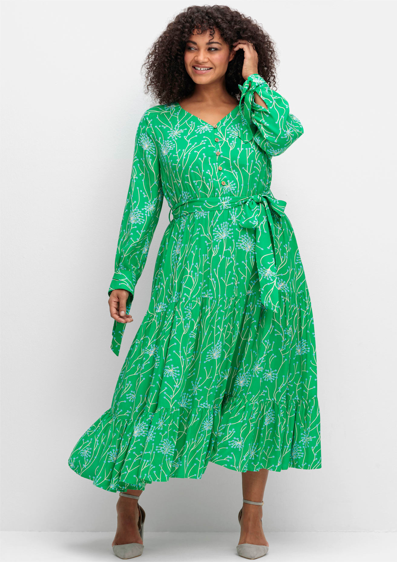 Maxikleid SHEEGO BY JOE BROWNS "Maxikleid", Damen, Gr. 44, Normalgrößen, grün, 100% Viskose, bedruckt, gemustert, mehrfarbig, lang, V-Ausschnitt, Kleider Maxikleid