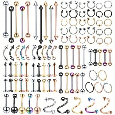 TEMU 100pcs Piercing Kit Jewelry 14g 16g 20g Nose Rings Lip Studs Tongue Rings Stainless Steel Cartilage Earrings Tragus Eyebrow Industrial Barbell Belly Rings Body Piercing Kit Jewelry