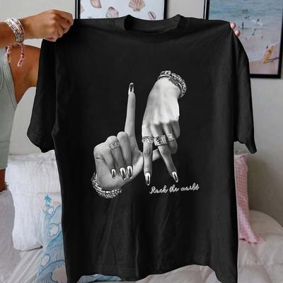 "TEMU Women's Chic Black Graphic Tee - "please " Print, Short Sleeve Crew Neck, Lightweight Polyester , Ideal For Casual Wear" Image