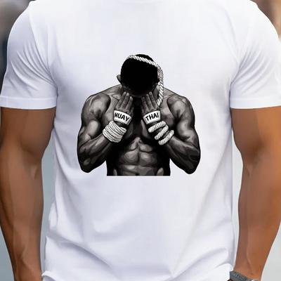 TEMU Men's Muay Thai Print T-shirt, Casual Crew Neck Short Sleeve Tee, 100% Polyester Knit Fabric, Stretch, Regular Fit, Summer Geometric Pattern Top - 150gsm Image