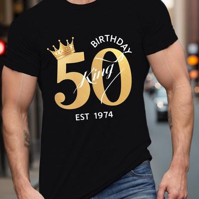 TEMU 50th Birthday King Est 1974 Men's T-shirt - Casual Crew Neck Polyester Tee With Stretch, Geometric Pattern, Regular Fabric, Summer Short Sleeve Adult Shirt Image
