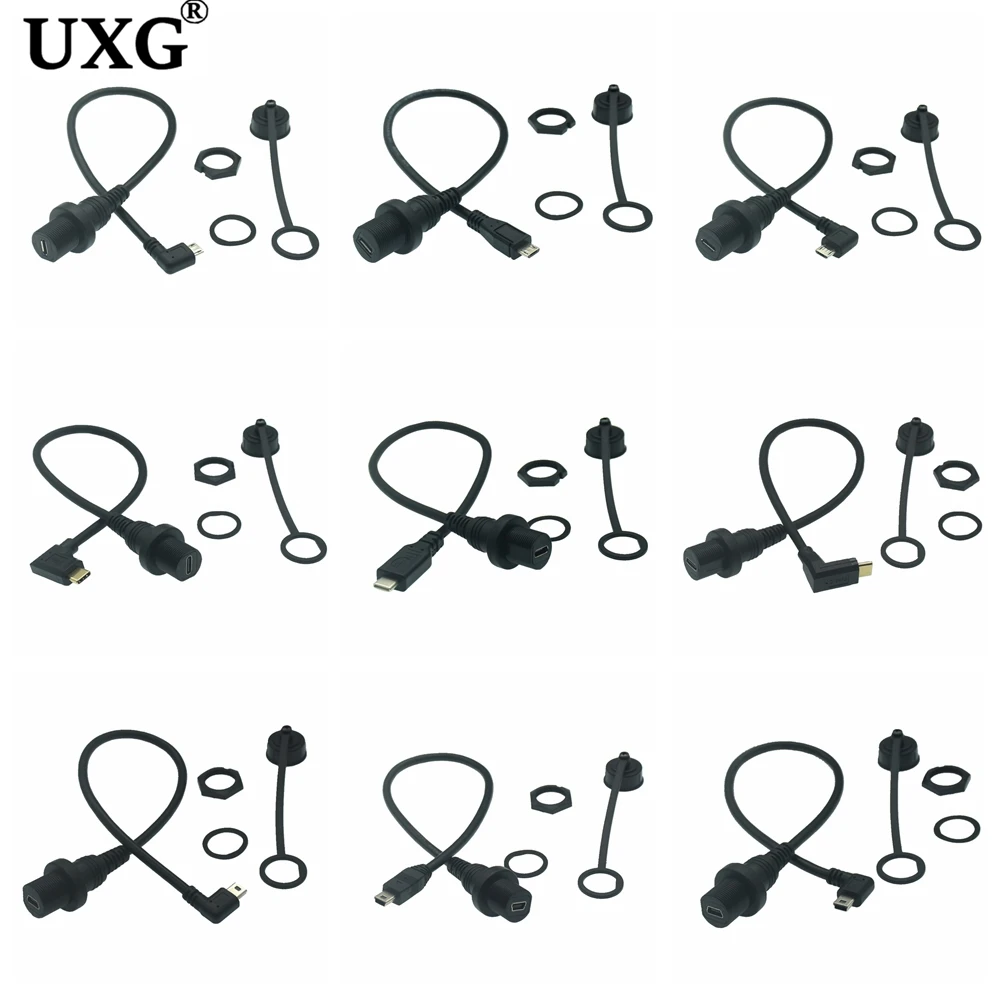 Wasserdichtes Kabel, 1 m, 30 cm, USB-C, IP67, Typ C 3,1, Micro-Mini-USB, Stecker auf Buchse, Schalttafelmontage, wasserdichter Stecker, Verlängerungskabel Image