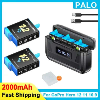 2000mAh Battery For GoPro Hero 12 Battery Pack Motion Camera Battery +LCD 3-Channel Charger For GoPro Hero 9 10 11 Sport Cameras