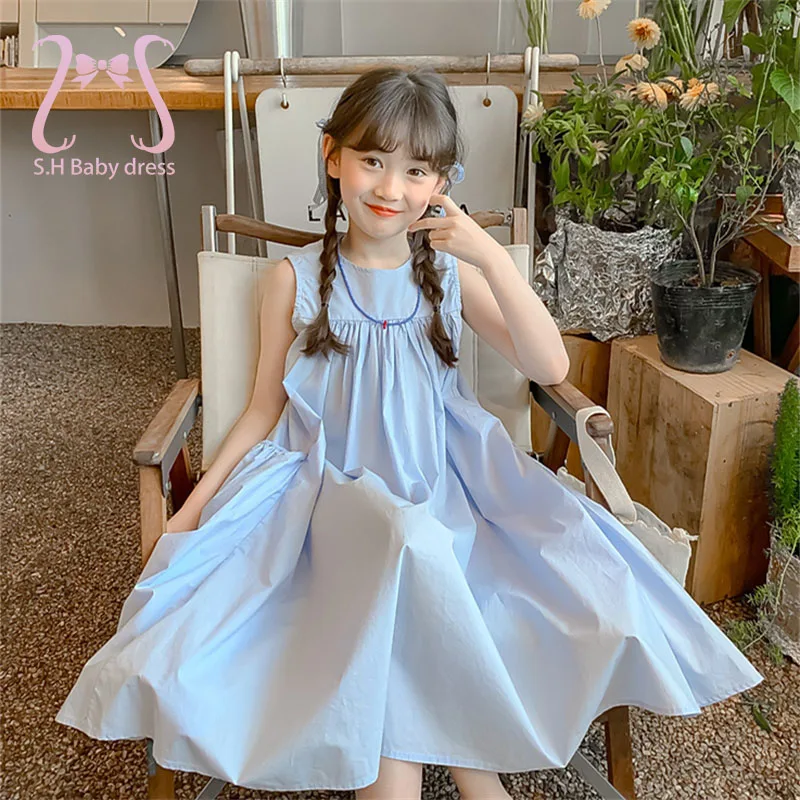 Sommer Mädchen Süßes Kleid Modische Kind Blaue Kleidung Ärmellose Weiche Baumwolle Großen Rock Kinder Knielange Kleider Image