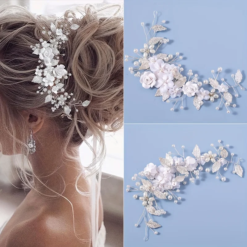 1Pc Blume Braut Hochzeit Haar Rebe Perle Braut Haar Stück Blatt Haar Zubehör Strass Stirnband Für Frauen Und Mädchen Image