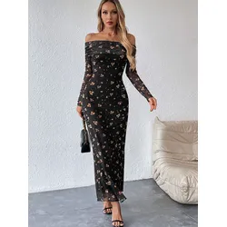 Frauen Sexy Liebsten Schwarz Mesh Maxi Kleid Herbst Neue Streetwear Fashion Lange Ärmel Print Kleider Weibliche Beiläufige Dünne Kleider