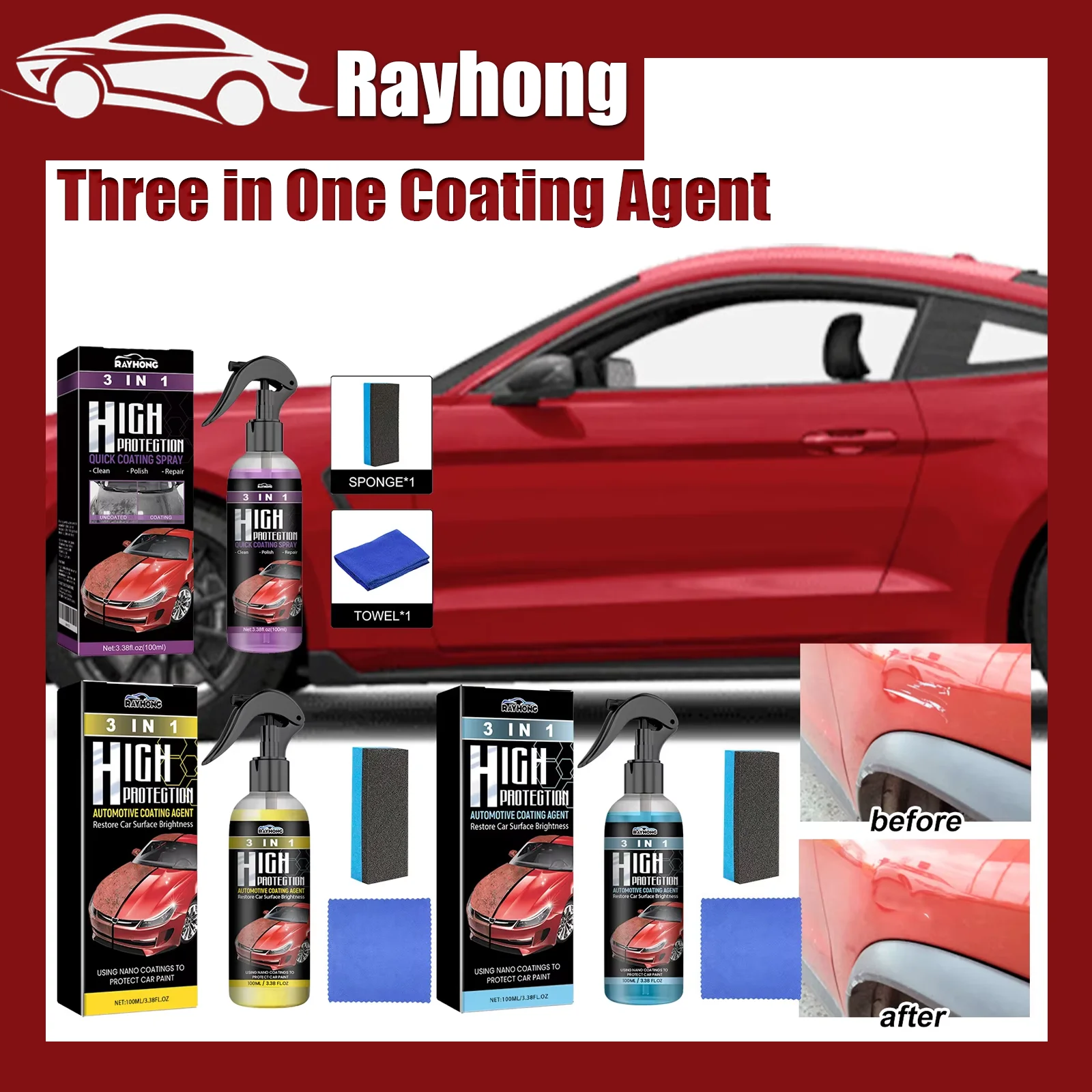 Rayhong-Beschichtungsmittel drei in einem zum Entfernen von Öl, Polieren, Schutz, Reparieren, Kratzern, Autolackreinigung, Wartung Image