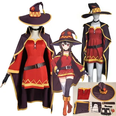 Anime KonoSuba Megumin Cosplay Kostüm Klassische Hexe Kostüm Uniform Umhang Hut Augenbinde Strumpf für Halloween Party Frauen Image