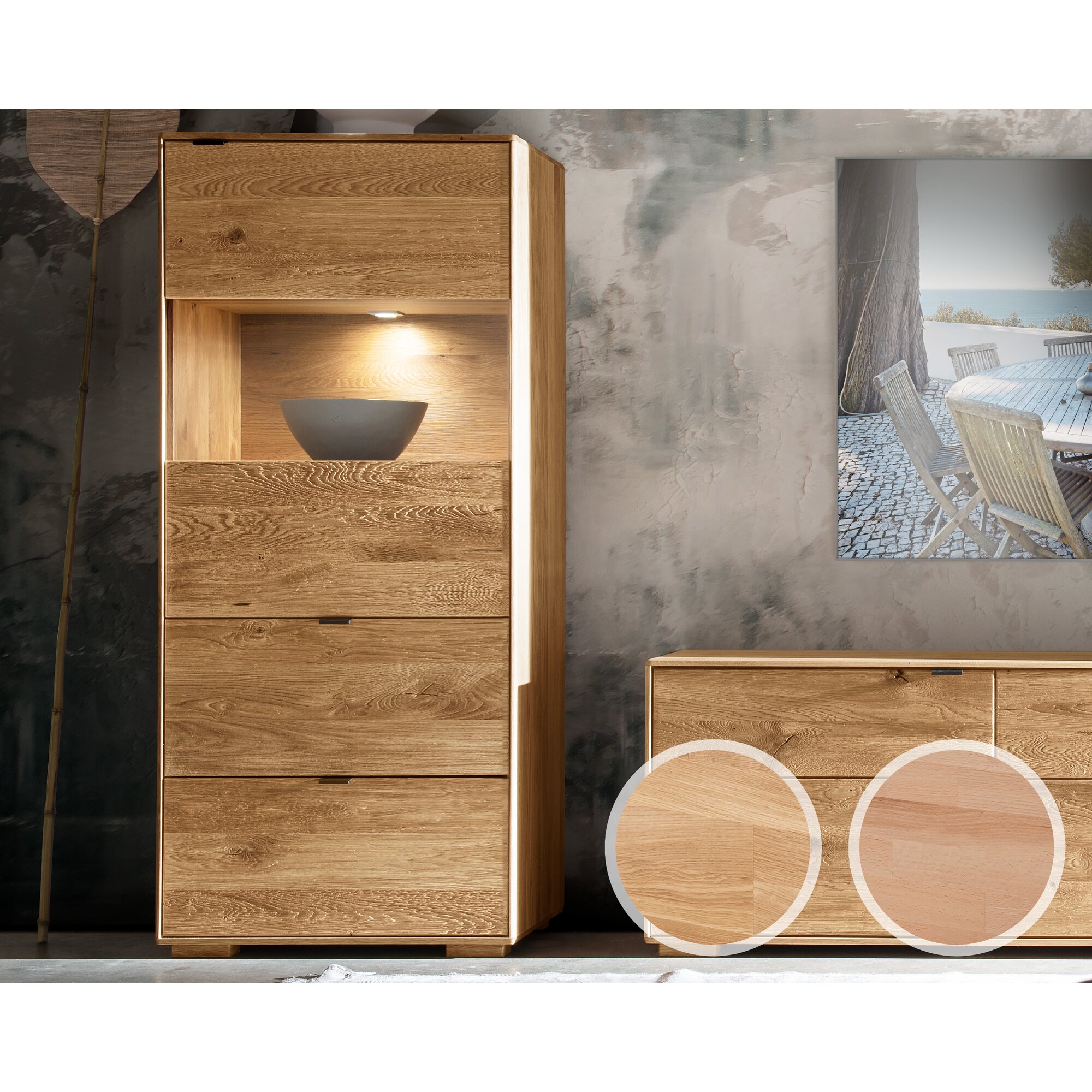 Massivholz »Zerro« Vitrine II Kernbuche / Anschlag rechts / mit Beleuchtung