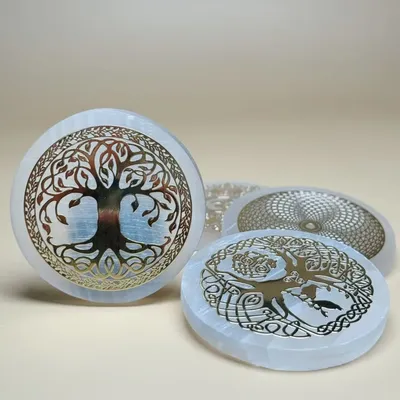 Natural 7 Chakras Flower of Life Selenite Slice Slab White Gypsum Charging Plate Yoga Meditation Healing Crystal Coasters Gift