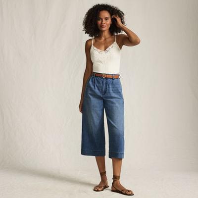 Wide Leg Denim Culotte Jeans, Mid Rise, Women, size: 8, petite, Blue, Cotton/Polyester/Cotton-blend, by Lands' End