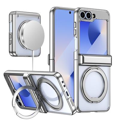 Phone Case For Samsung Galaxy Z Flip 7 Z Flip 6 Z Flip 5 Back Cover with Stand Holder Magnetic Support Wireless Charging Retro Plating PC