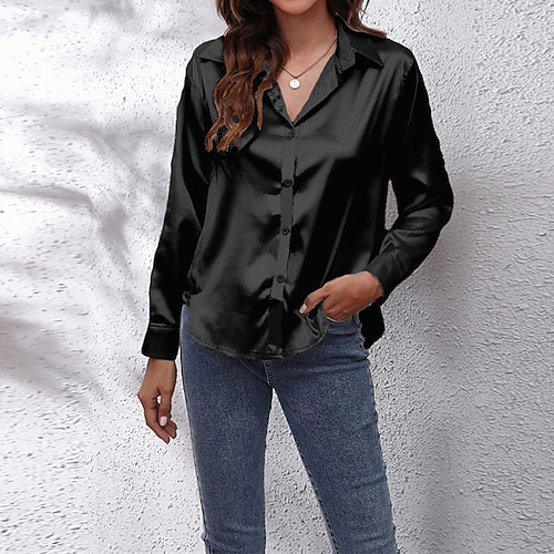 Per donna Camicia Elegant Elegante Raso/Satin Semplice Quotidiano Elegante Essenziale Manica Lunga Colletto a Camicia Top Regolari Lavoro Quotidiano Ferie Bottoni Nero Bianco Rosso Verde Primavera