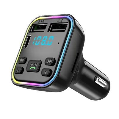 Car MP3 player with wireless FM transmitter, Type C USB fast charging, dual USB car charger, and hands-free car kit.