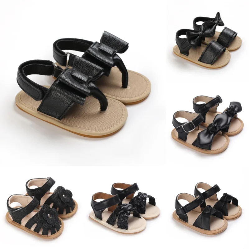 Schwarze Sommer-Sandalen für Neugeborene, 0–18 Monate, niedliche Schleife, weiche Gummisohle, rutschfest, atmungsaktiv, erste Paar Wanderschuhe für Babys Image
