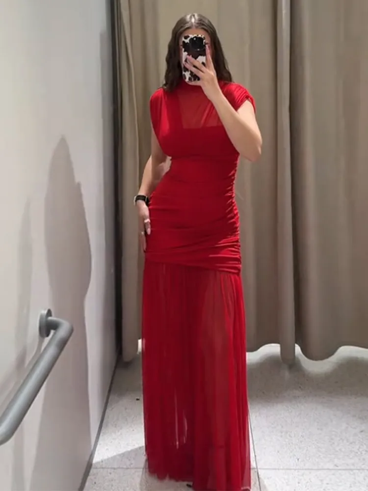 Patchwork Plissee Abend Party Lange Kleider Frauen Elegante Rote Fly Sleeve Mesh Maxi Kleid Sommer Urlaub Abend Club Vestidos