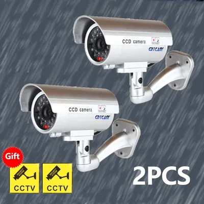 2 stücke Gefälschte Kamera Outdoor Indoor Sicherheit Dummy Kamera Simulation Indoor Wasserdichte Kugel LED Licht Monitor CCTV Kamera