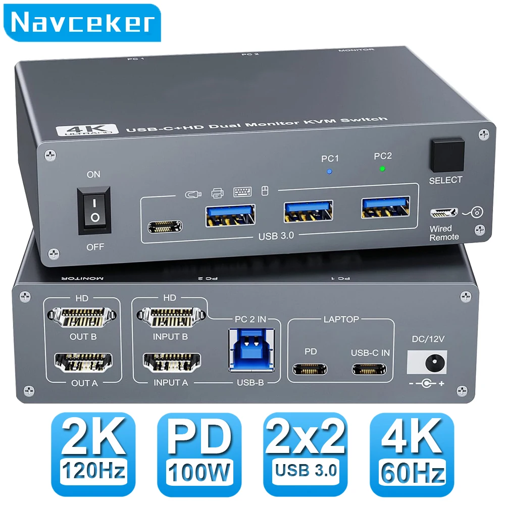 Navceker USB 3.0 USB-C HDMI KVM-Switch 4K 60Hz Dual-Monitor Typ C KVM-Switch 1 Laptop 1 Computer 2 Monitor für MacBook 2 PC Image