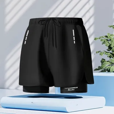 Jogginghose Doppelschicht Männer Laufen Fitness Anti-Peinlichkeit Lose Strandhose Badehose Schlafhose Boxershorts Image