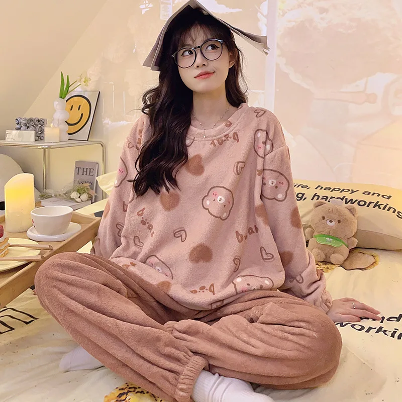 Warmes Flanell-Pyjama-Set für Damen, gepolstert, Übergröße, Studenten-Nachtwäsche, Damen, süß, atmungsaktiv, Rundhalsausschnitt, Nachtwäsche, Loungewear Image