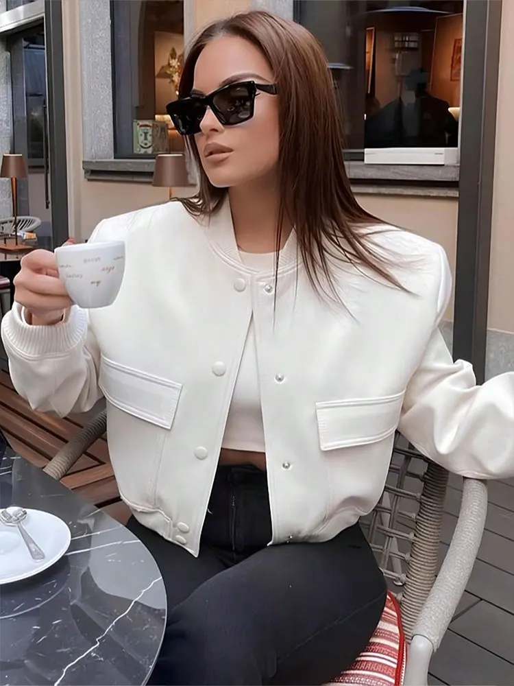 HH Jacke für Frauen 2024, Vintage, solide Langarm-Knopfmantel mit Tasche, Herbst, lässige weibliche Bomberjacke, schicke Oberbekleidung Image