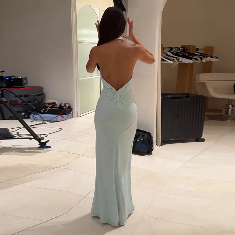 Sexy Ärmellose Dünne einteilige Roben Elegante Dame Solide Plissee Abendkleider Temperament Off Schulter Zurück Twist Neckholder Kleid