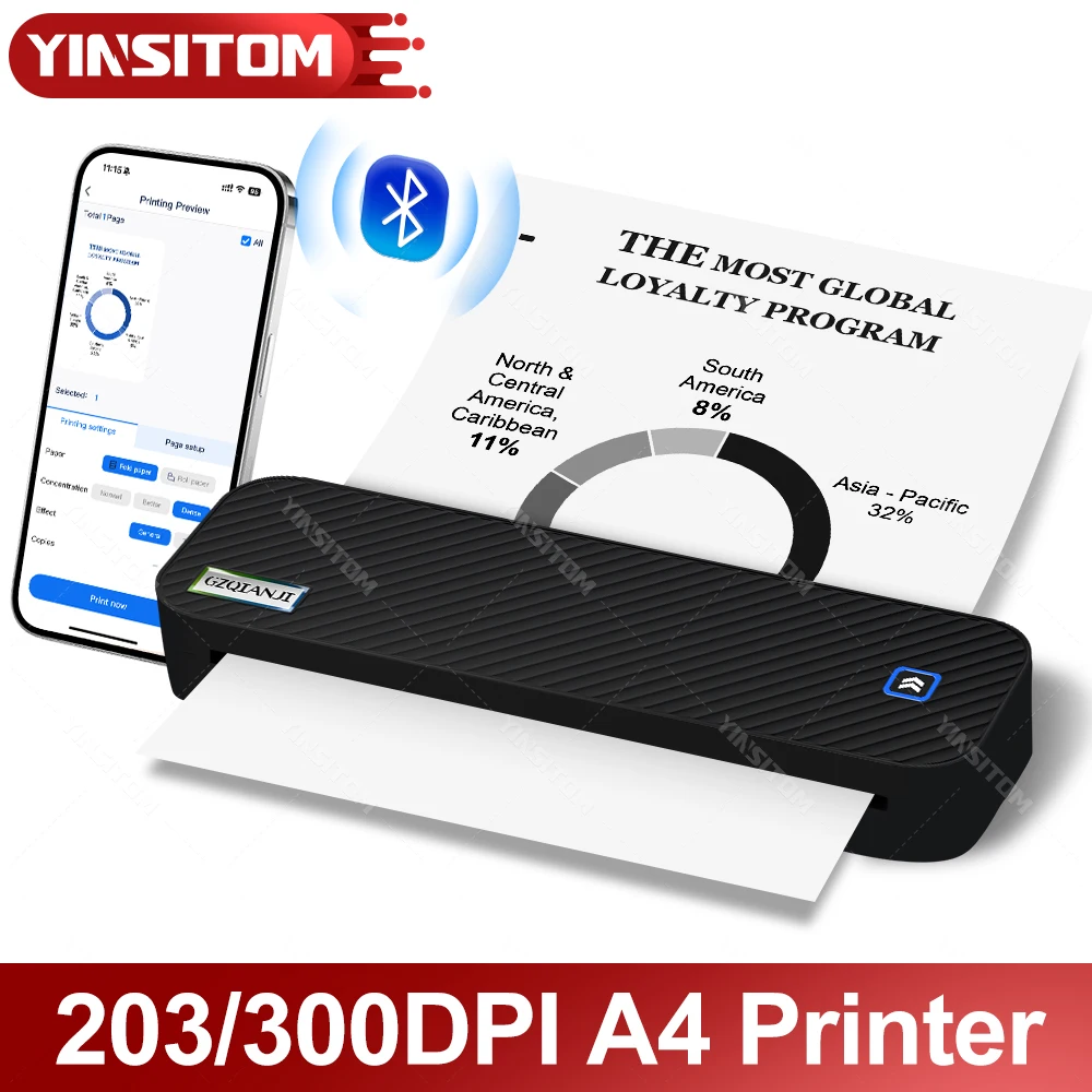 200/300 dpi A4 Stampante Termica Mini Bluetooth Mobile Senza Inchiostro Portatile Wireless Maker Supporto Lettera A4 Formato Macchina di Carta Termica