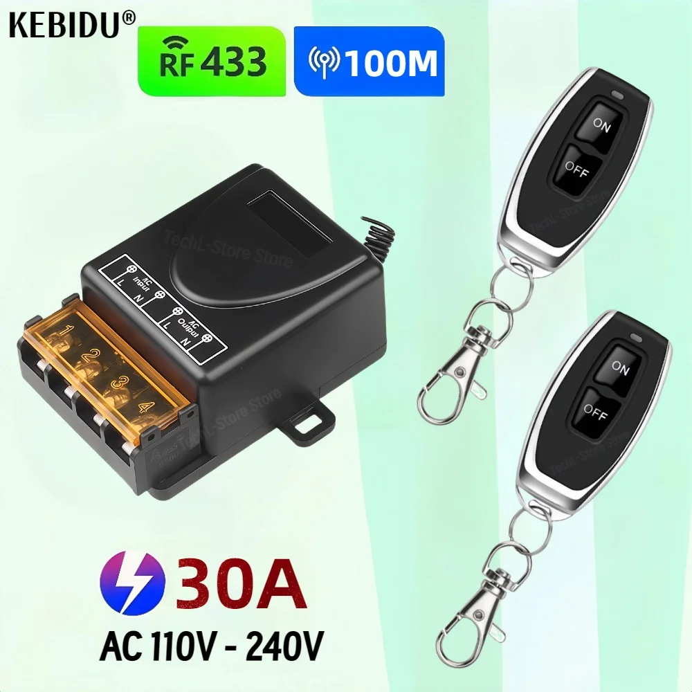 AC 220V 30A 1CH 433Mhz Drahtlose Fernbedienung Schalter RF Relais Empfänger + Ein/Aus Sender Für elektrische Appliance Lampe Image