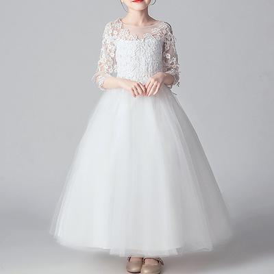 Kids Girls' Flower Girl Dress Dress Party Dress Solid Color 3/4 Length Sleeve Performance Wedding Party Lace Mesh Fashion Adorable Princess Polyester Maxi Lace Dress Party Dress Swing Dress Summer