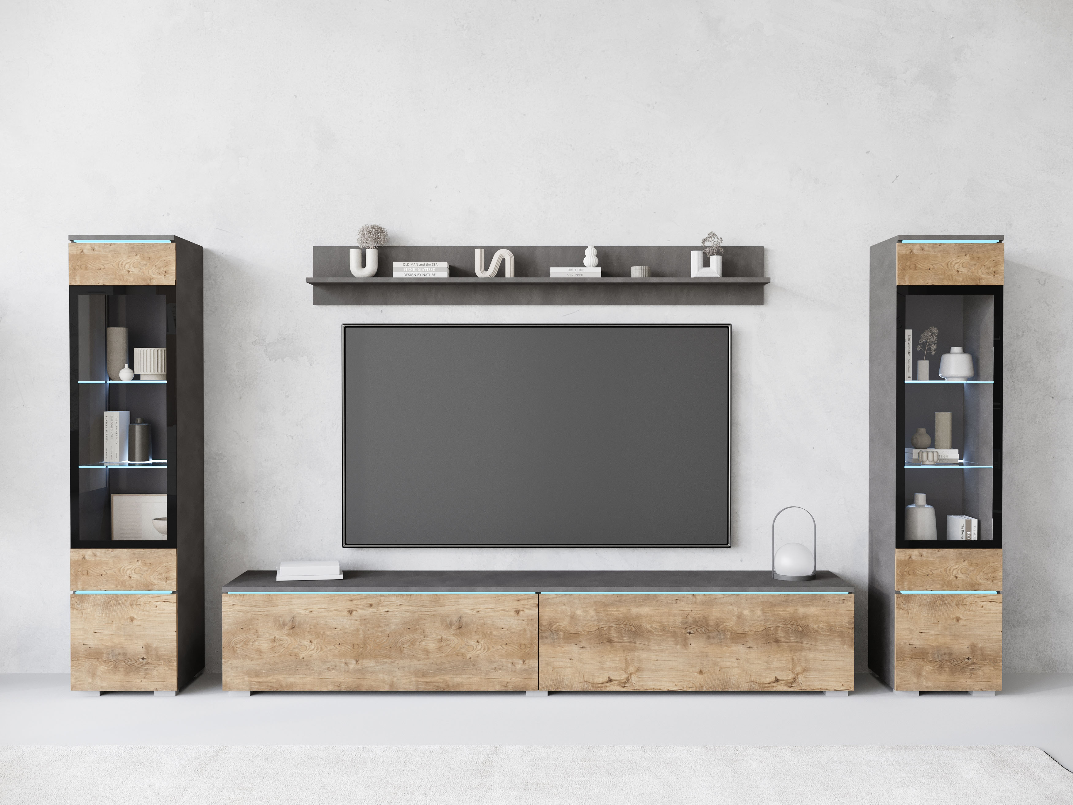 Wohnwand INOSIGN "VERA II", braun (matera anthrazit, kastanien breslau), B:260cm H:130cm T:33cm, Kastenmöbel-Sets, Vitrine mit Verglasung, stehend und hängend, inklusive Beleuchtung, Topseller