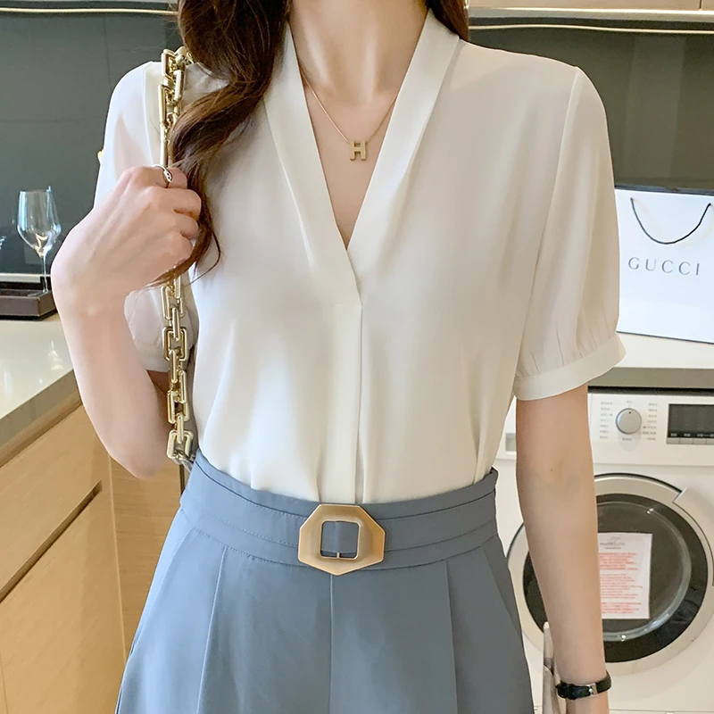 Blusen Femme Top Kurzarm weiße Bluse Frauen Blusas Mujer de Moda 2024V-Ausschnitt Büro Dame Chiffon Bluse Shirt Tops E892