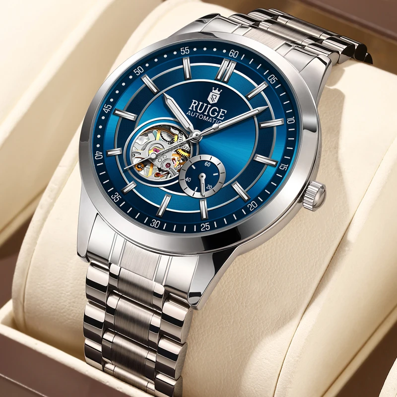 Automatische mechanische Herrenuhr – eleganter Edelstahl, Kalenderfunktion, Business- und Freizeitstil, blaues Zifferblatt und Datum Image