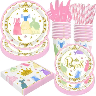 20pcs Princess Birthday Party Decoration Disposable Tableware Set Paper Plates Paper Cups Tablecloths Friends' Party Tableware